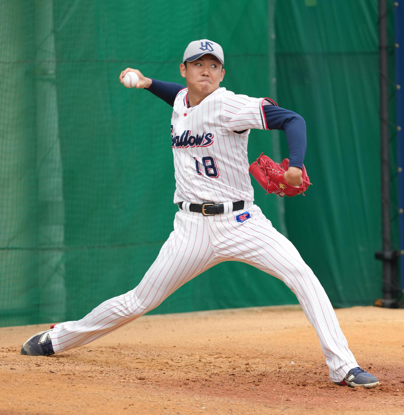 ブルペン投球するヤクルト奥川（撮影・足立雅史）