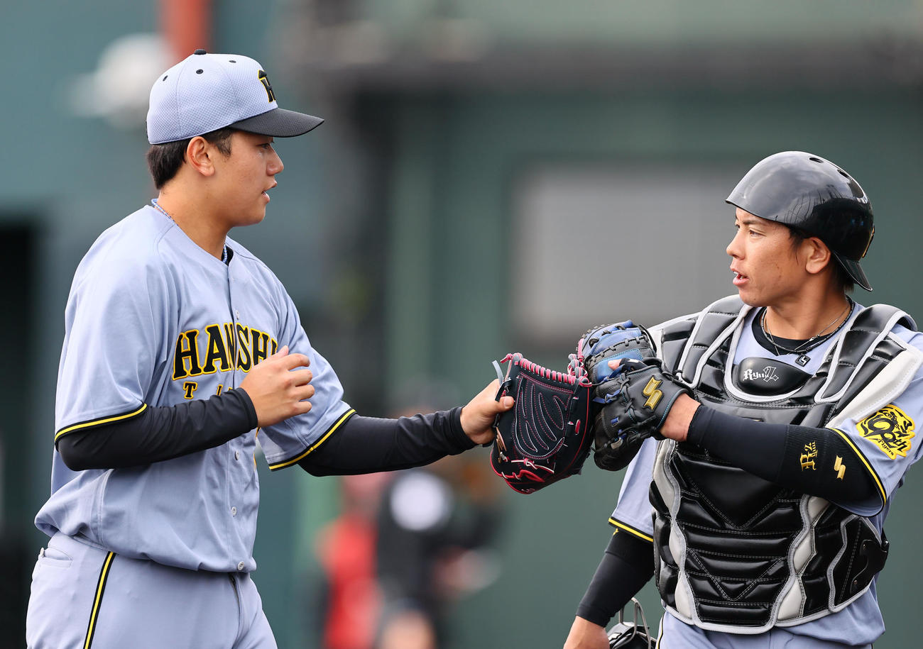 楽天対阪神　7回を終え、梅野（右）とタッチを交わす阪神門別（撮影・藤尾明華）