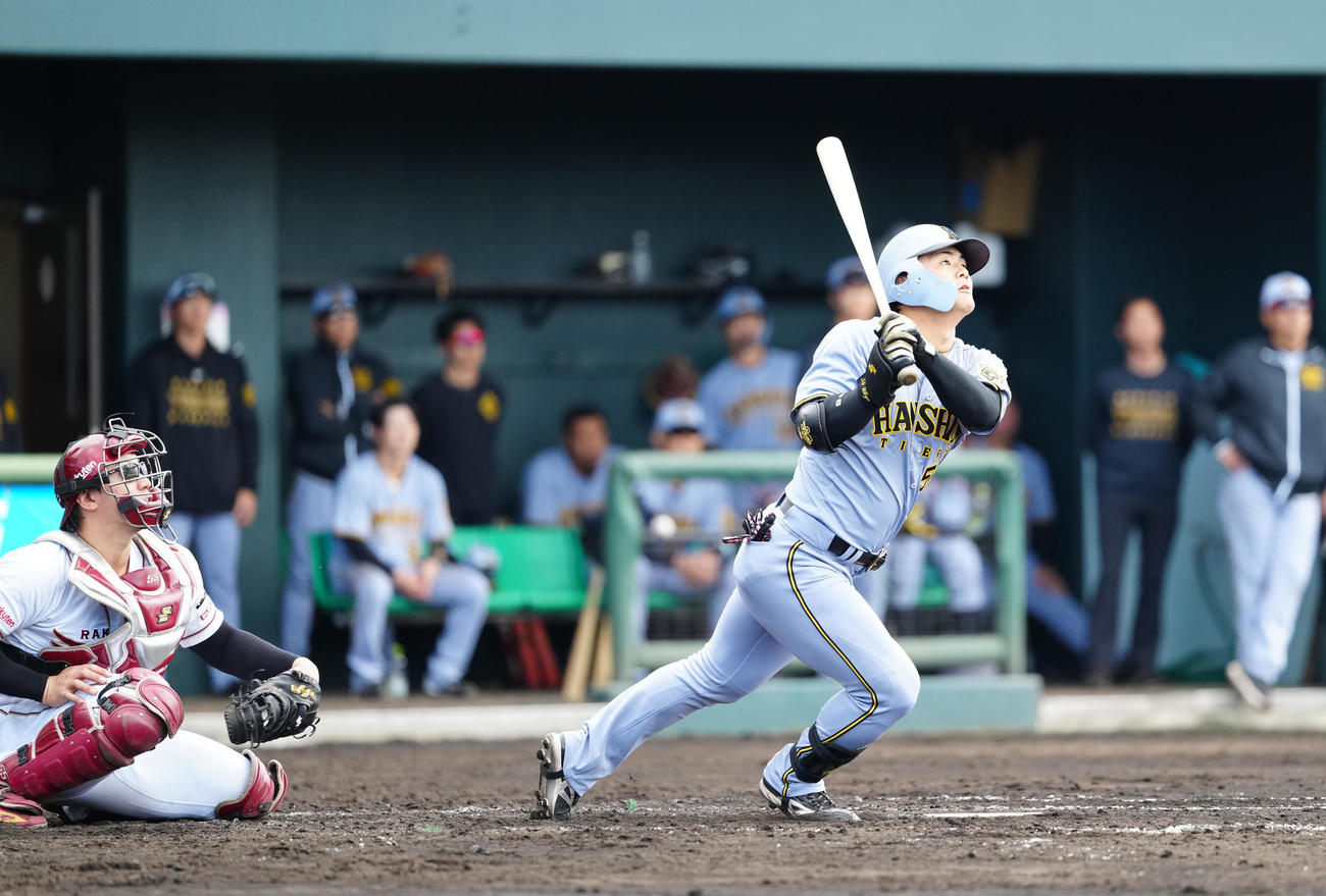 楽天対阪神　3回表阪神2死一、二塁、3点本塁打を放つ前川（撮影・江口和貴）