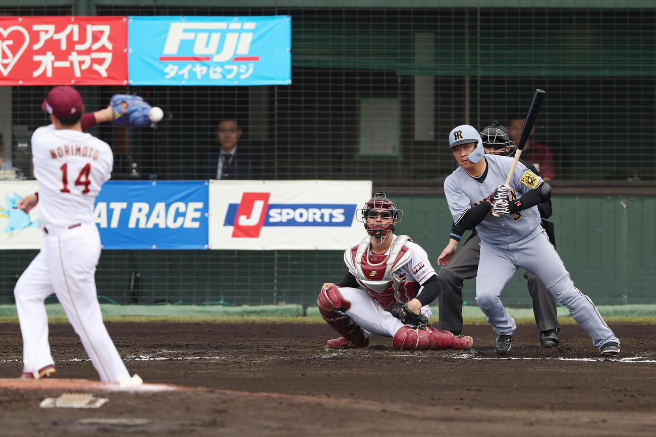 楽天対阪神　3回表阪神2死一、三塁、先制の中前適時打を放つ大山。投手則本（撮影・前田充）
