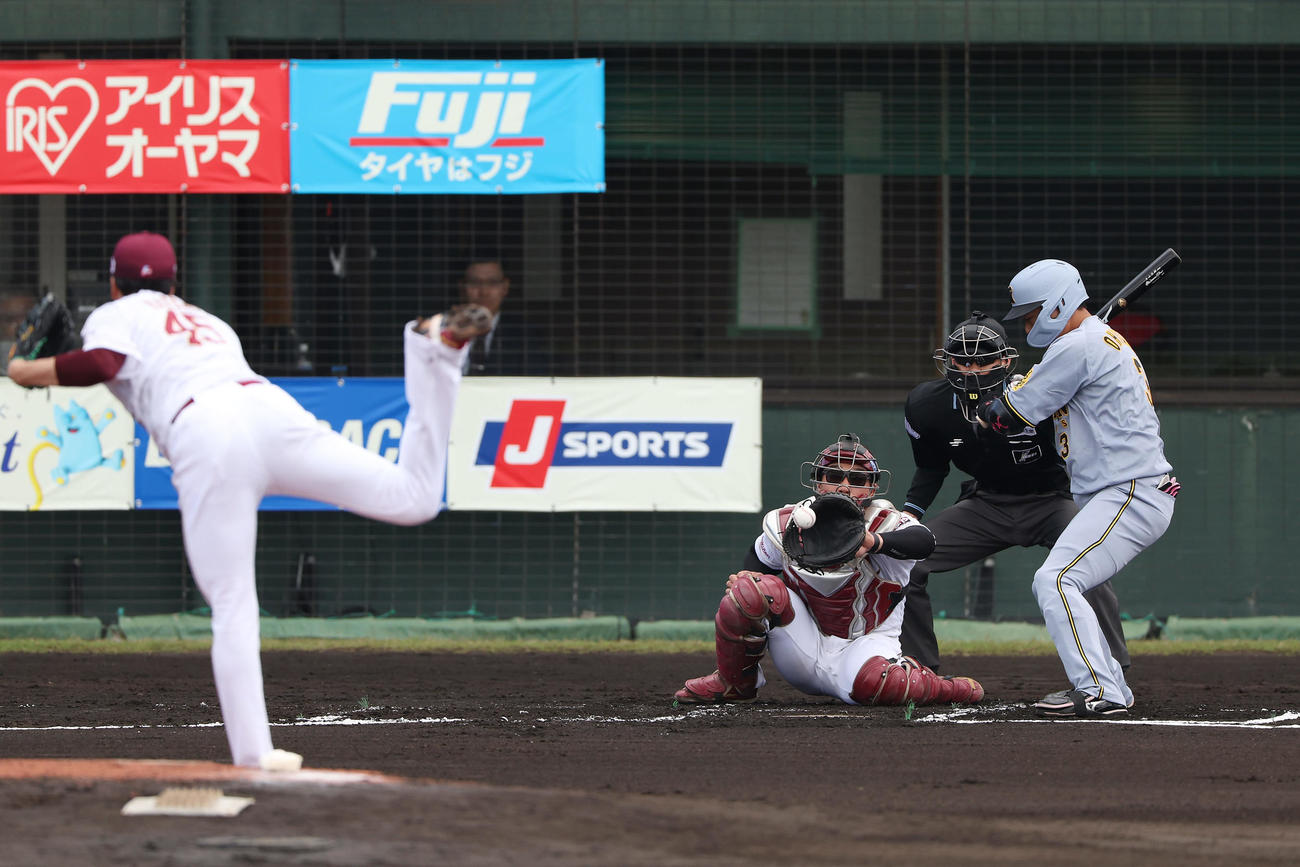 楽天対阪神　1回表阪神2死一、二塁、見逃し三振に倒れる大山。投手松井（撮影・前田充）