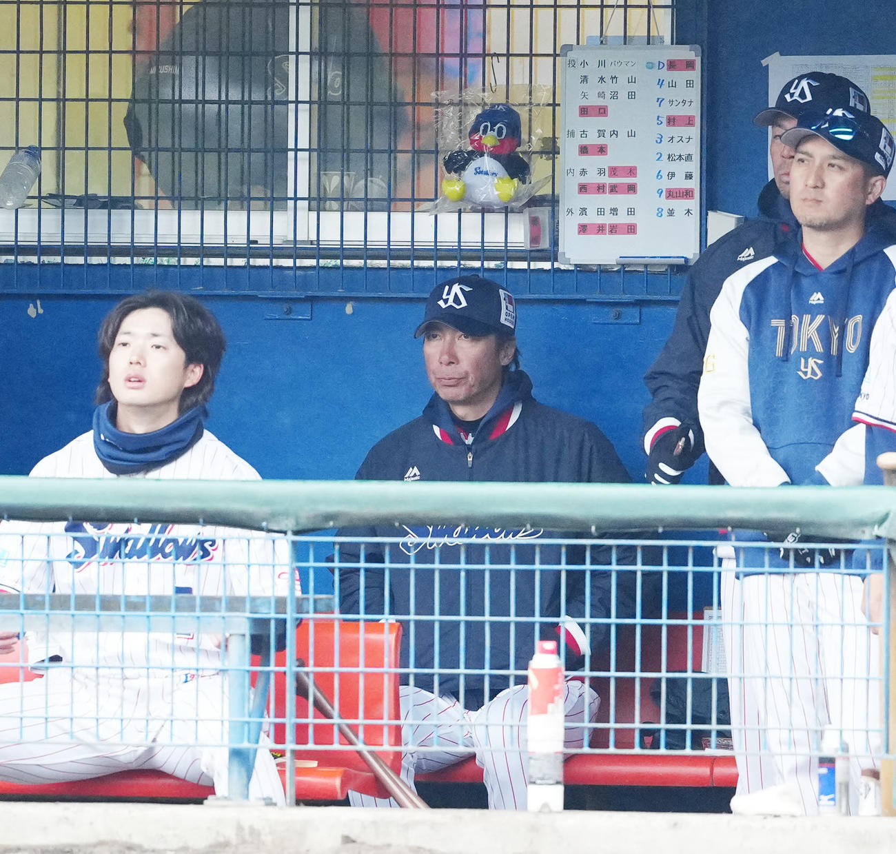 ヤクルト対DeNA 1回表、ベンチから戦況を見つめるヤクルト高津監督（中央）（撮影・江口和貴）