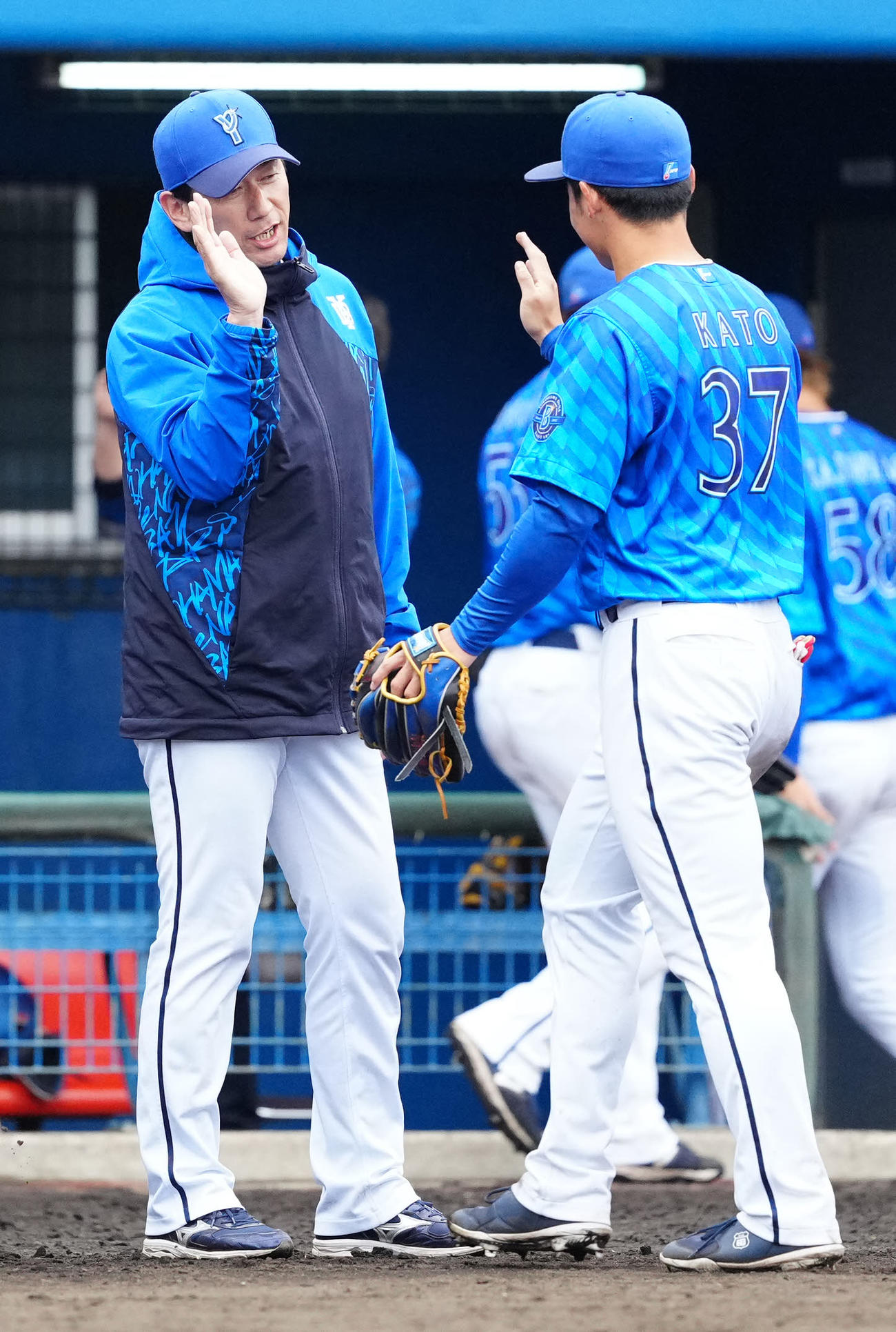 ヤクルト対DeNA　試合後、DeNA加藤（右）とタッチを交わす三浦監督（撮影・江口和貴）