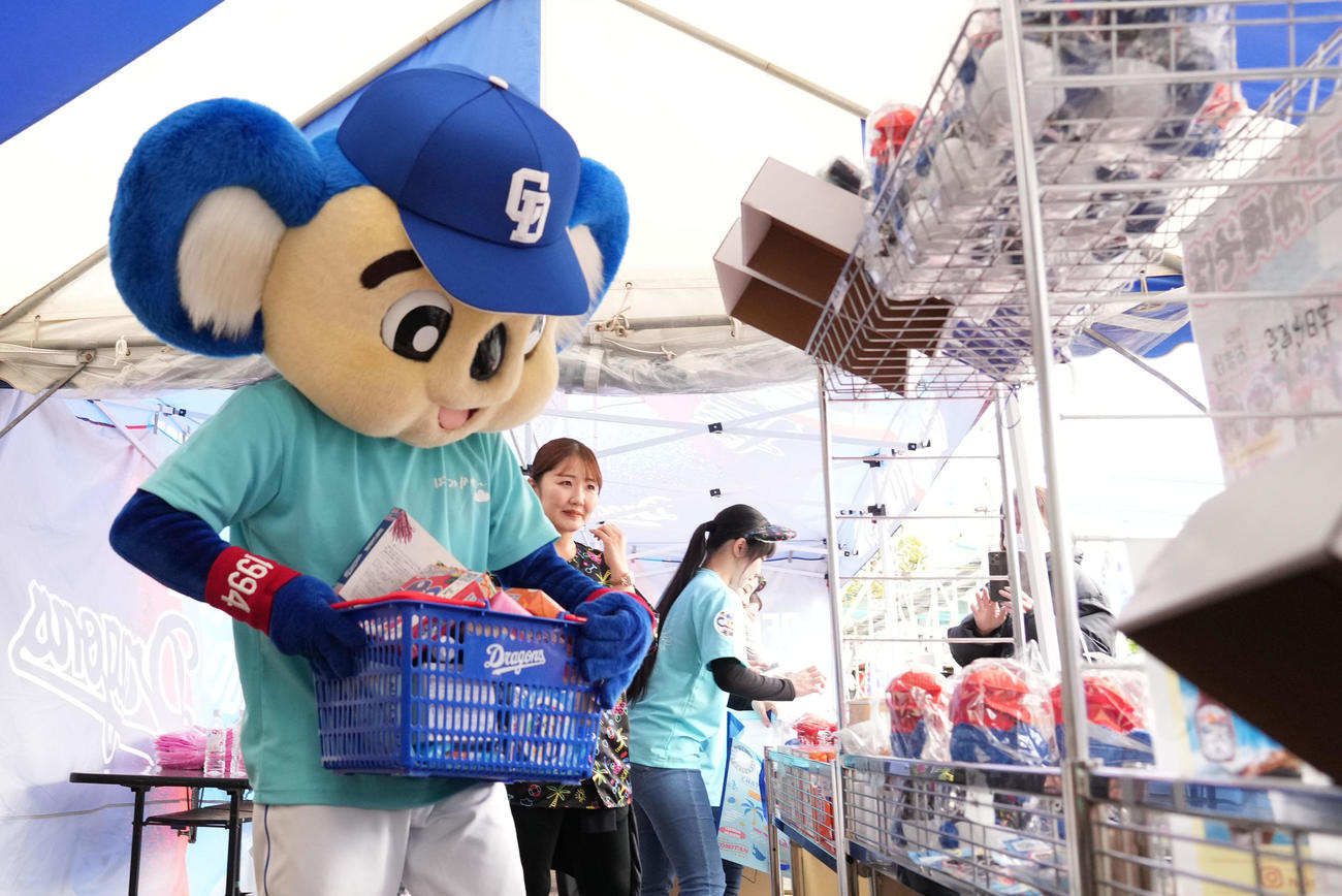 グッズ売り場でオススメ商品をかごに詰めるドアラ（撮影・森本幸一）