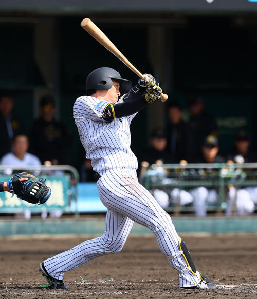 練習試合阪神対DeNA 3回裏阪神1死三塁、近本は左犠飛を放つ（撮影・藤尾明華）