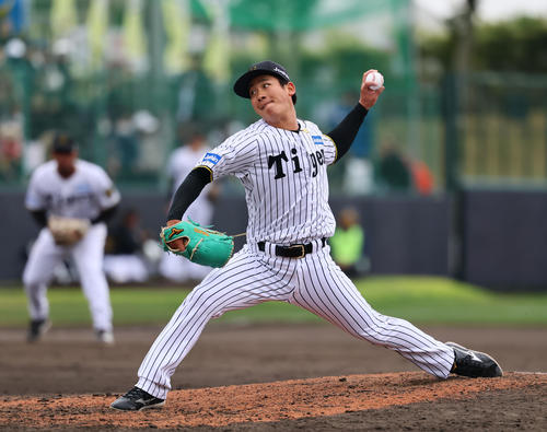 練習試合阪神対DeNA 8回、8番手で登板した阪神伊原（撮影・藤尾明華）