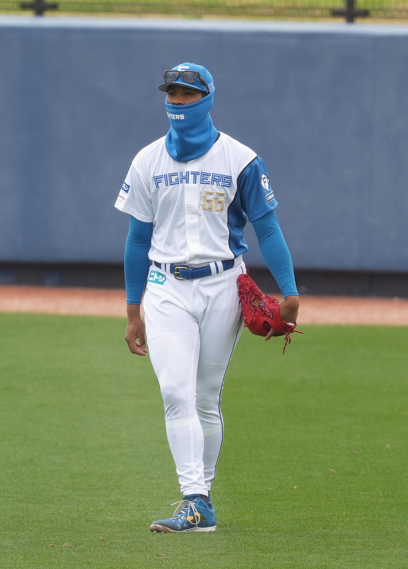 練習試合　日本ハム対台湾・味全　完全防寒で右翼の守備につく日本ハム万波（撮影・足立雅史）