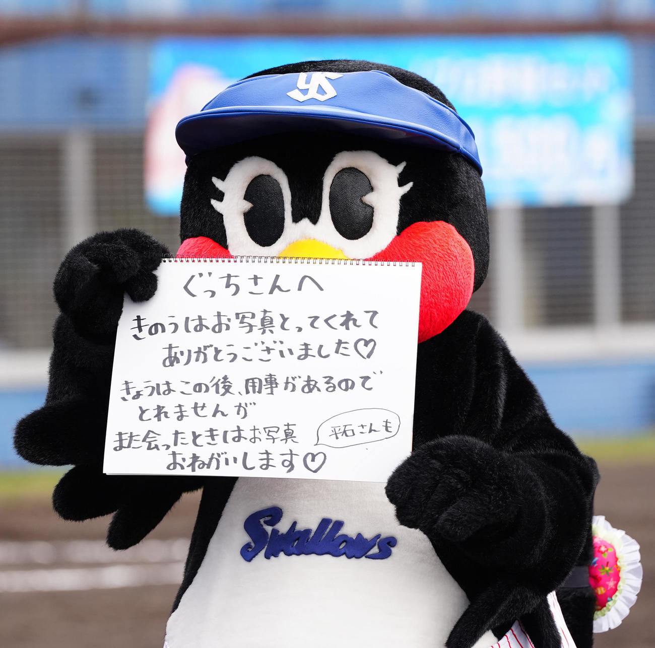ヤクルト対楽天　5回裏終了後、フリップでメッセージを送るつばみ（撮影・江口和貴）