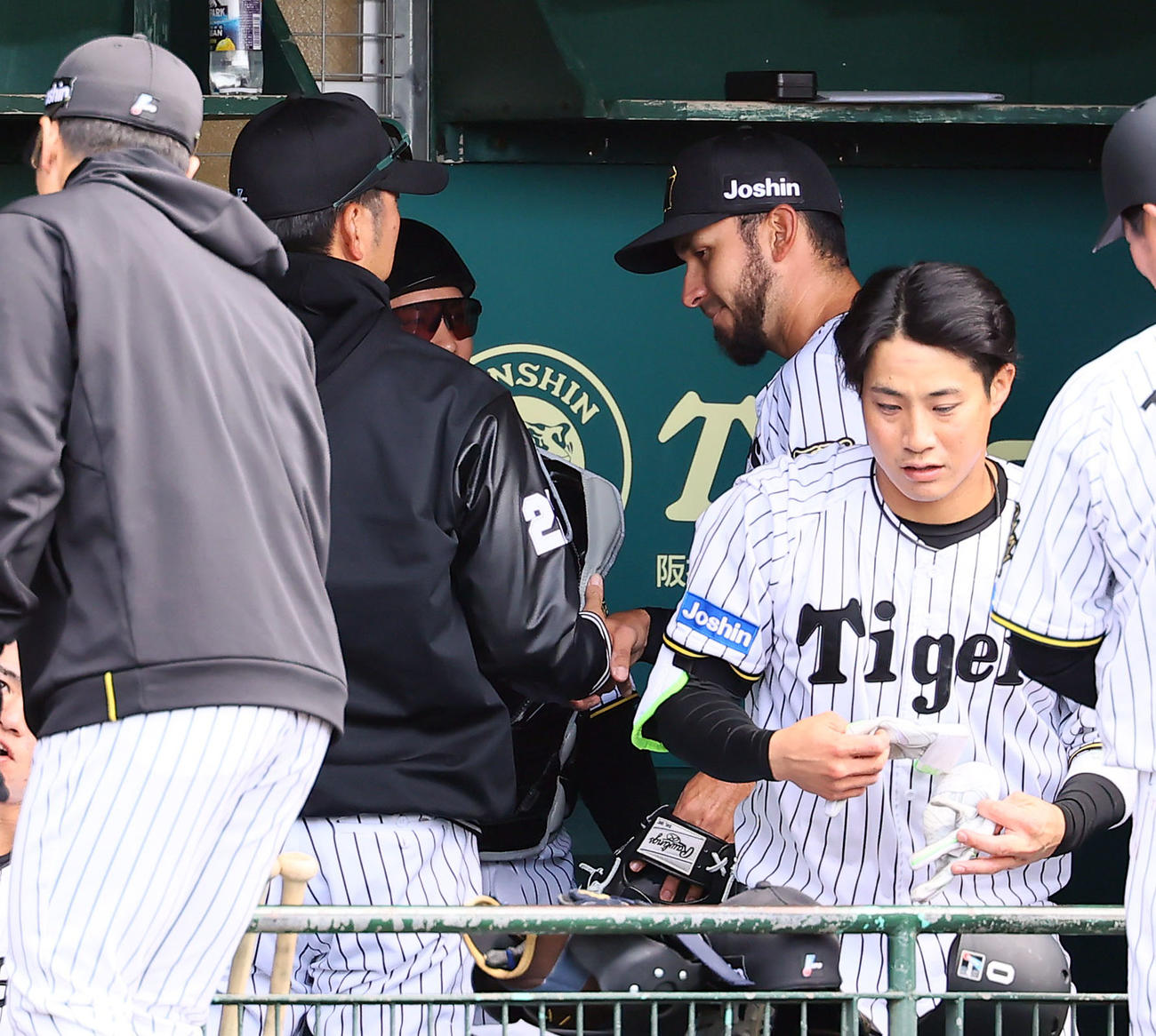練習試合阪神対DeNA 2回を3人で終え、ベンチで藤川監督と握手を交わす阪神ゲラ（撮影・藤尾明華）