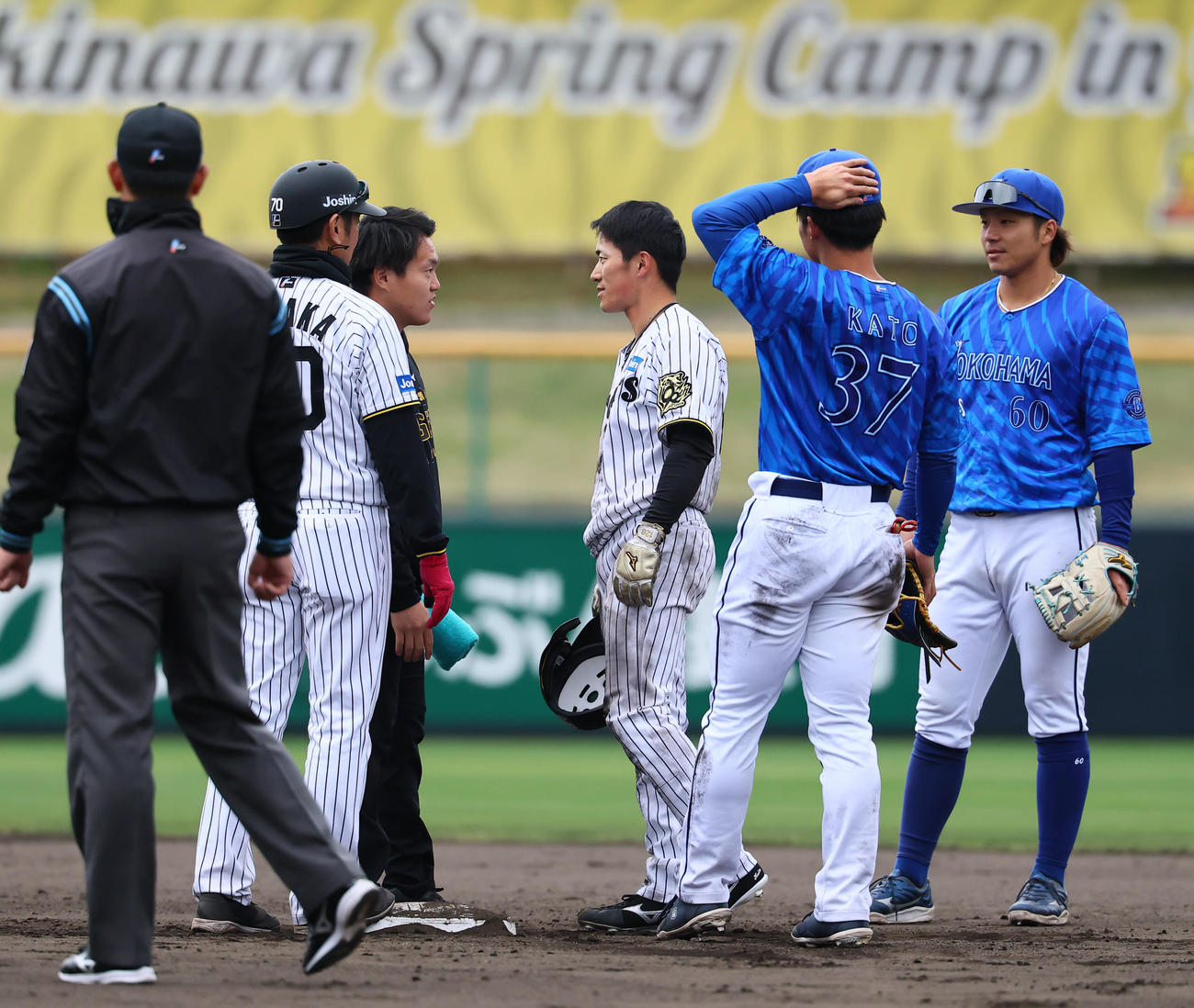 練習試合阪神対DeNA 8回裏阪神2死一塁、福島（右から3人目）は二盗を決めも加藤と交錯し、トレーナーのチェックを受ける（撮影・藤尾明華）