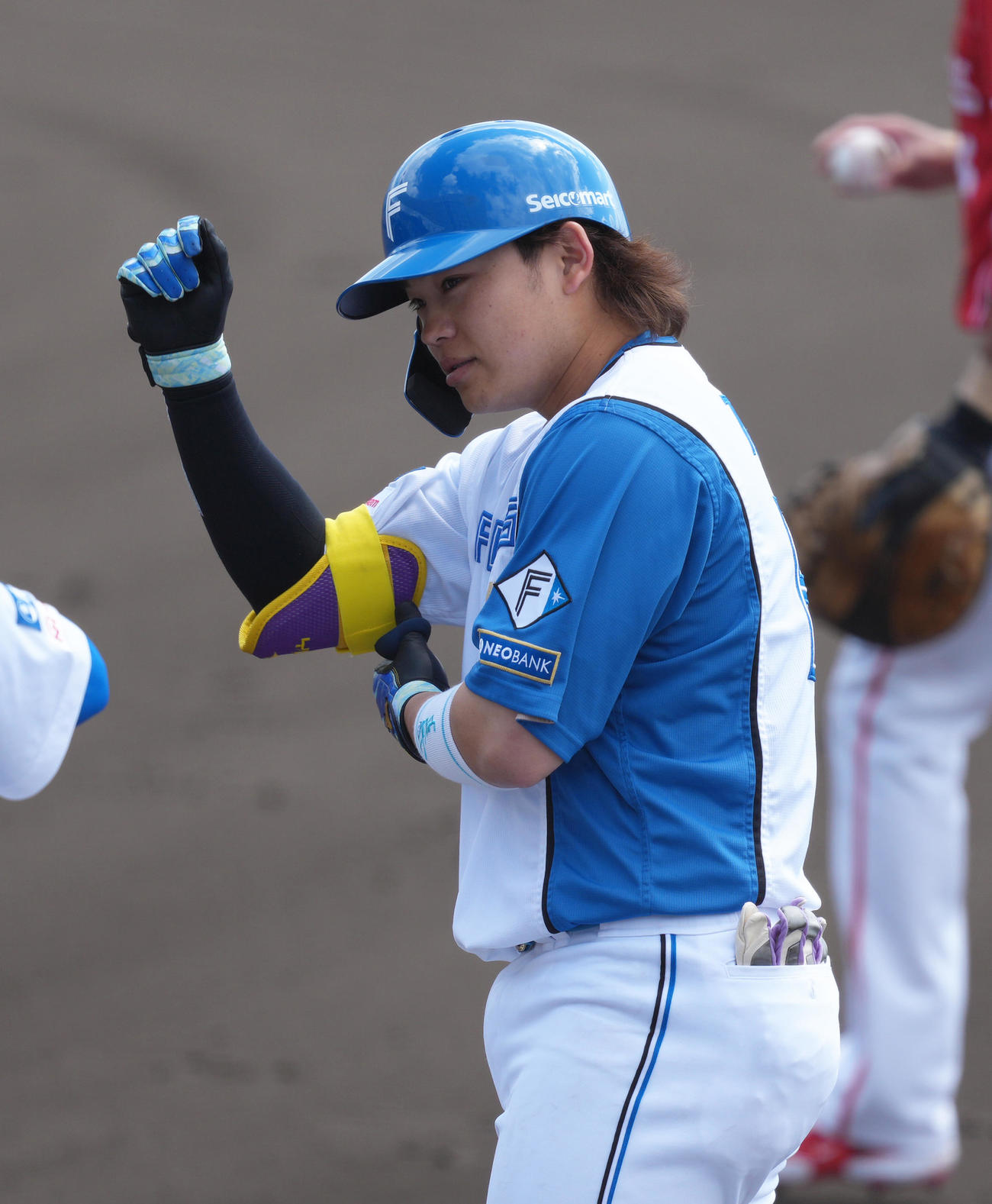 練習試合　日本ハム対台湾・味全　1回裏日本ハム1死二塁、田宮は右前適時打を放つ（撮影・足立雅史）