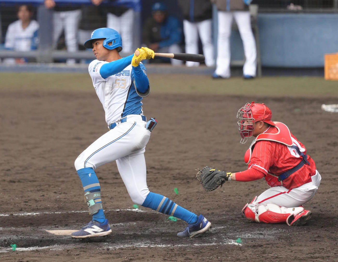 練習試合　日本ハム対台湾・味全　6回裏日本ハム2死一塁、水谷は左前打を放つ（撮影・足立雅史）