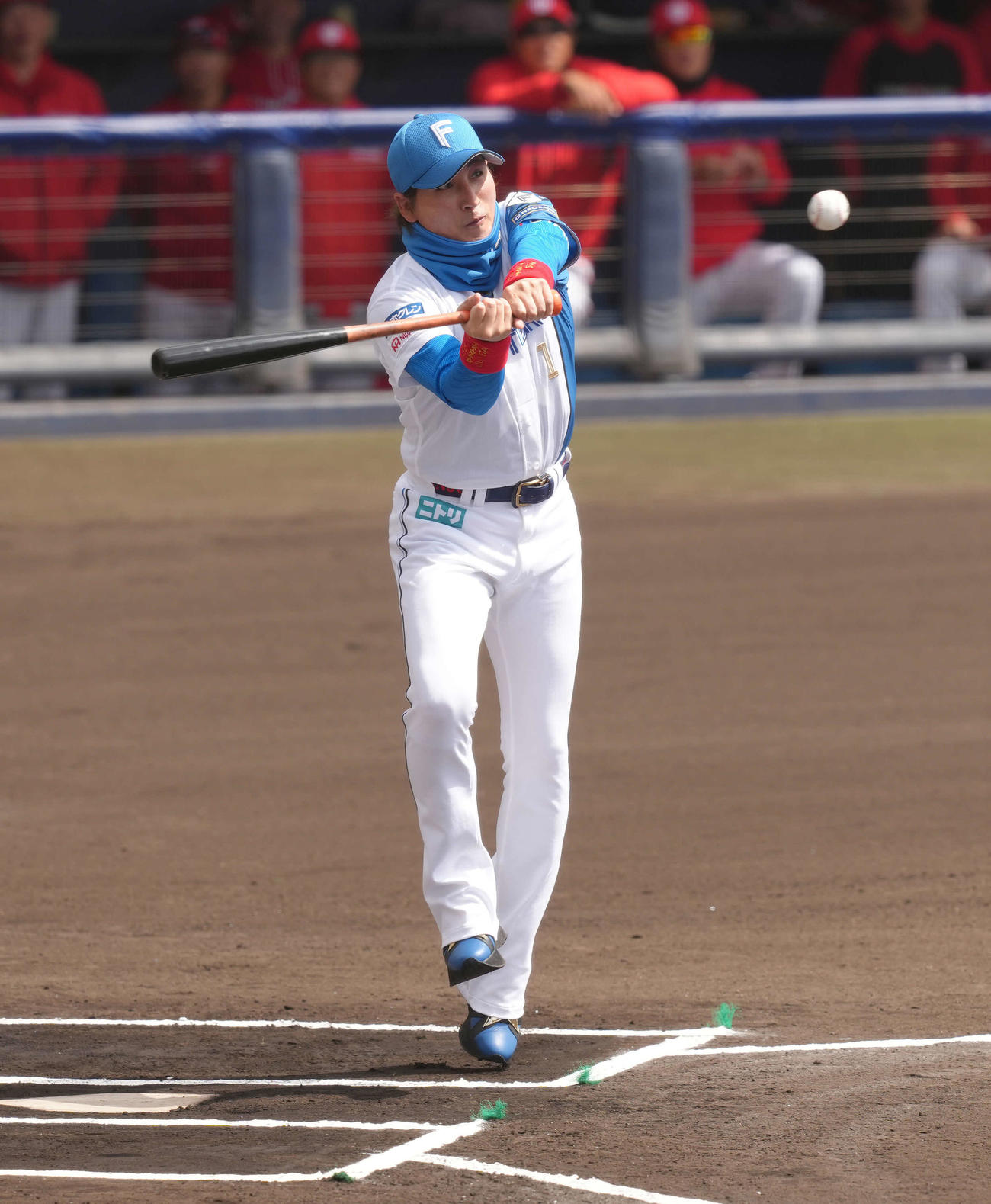 練習試合　日本ハム対台湾・味全　始球式で打者を務めた日本ハム新庄監督（撮影・足立雅史）