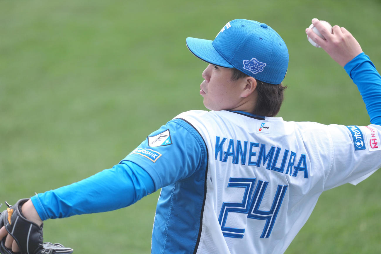 練習試合　日本ハム対台湾・味全　投球準備する日本ハム金村（撮影・足立雅史）
