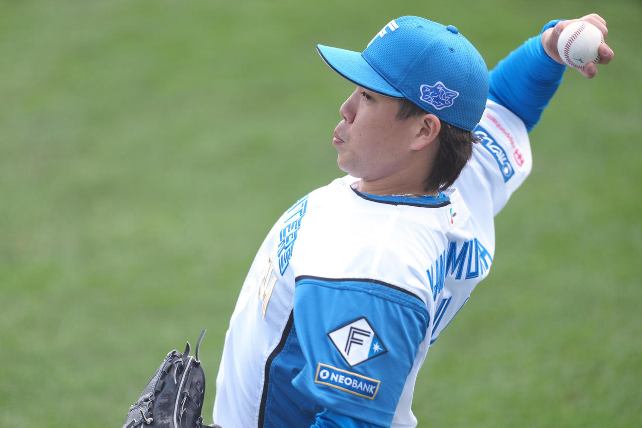 練習試合　日本ハム対台湾・味全　投球準備する日本ハム金村（撮影・足立雅史）