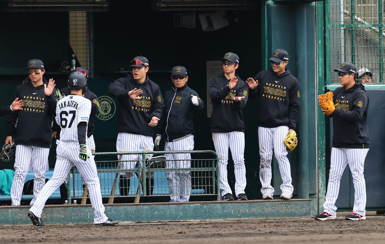 練習試合阪神対DeNA 8回裏阪神2死一、二塁、原口の2点適時二塁打で生還した高寺を出迎える右から大山、木浪、近本、和田巡回コーディネーター、佐藤輝、森下（左端）（撮影・藤尾明華）