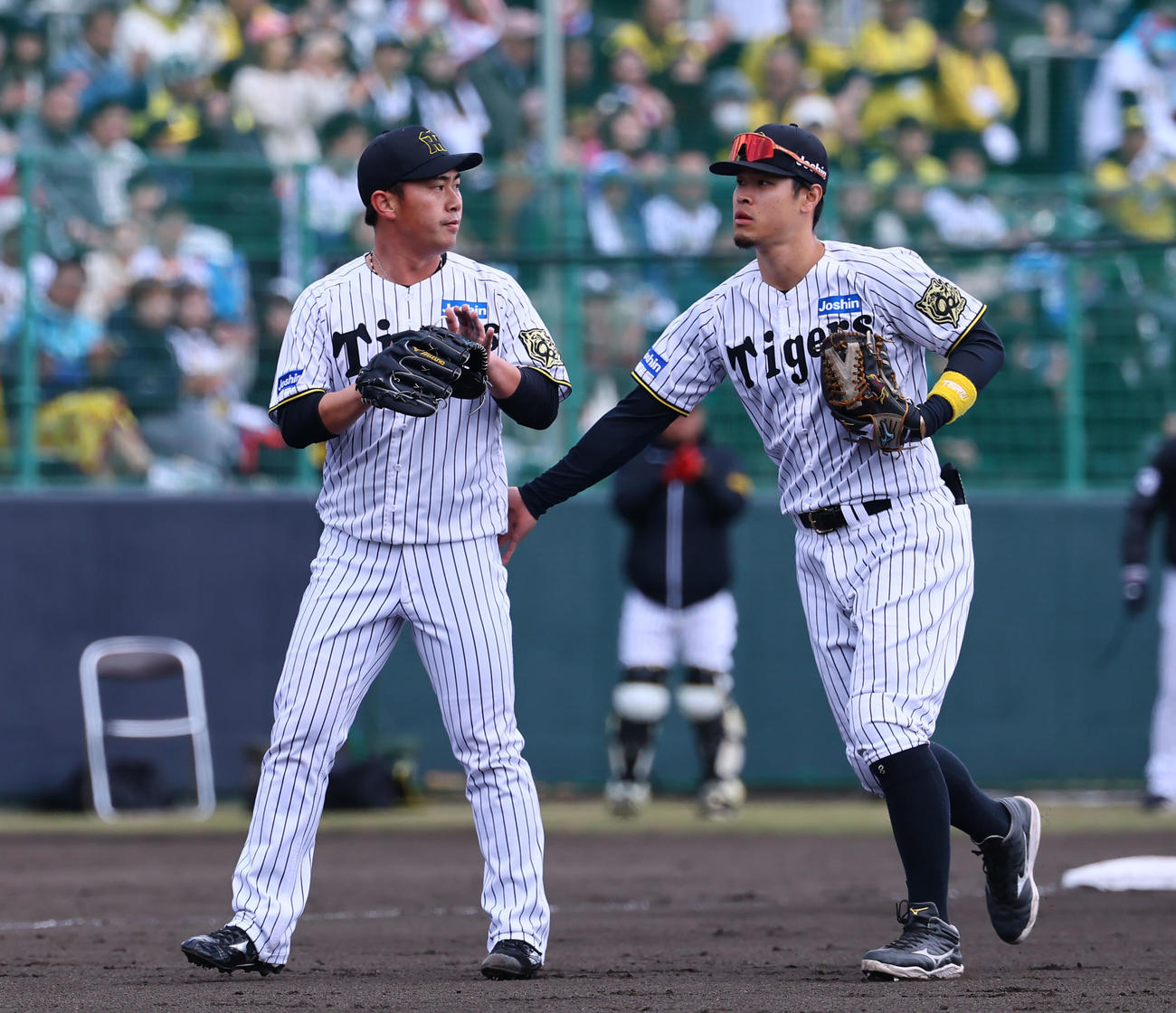 練習試合阪神対DeNA 4回表DeNA1死一塁、山本を三ゴロ併殺に打ち取りタッチを交わす桐敷（左）と佐藤輝（撮影・藤尾明華）