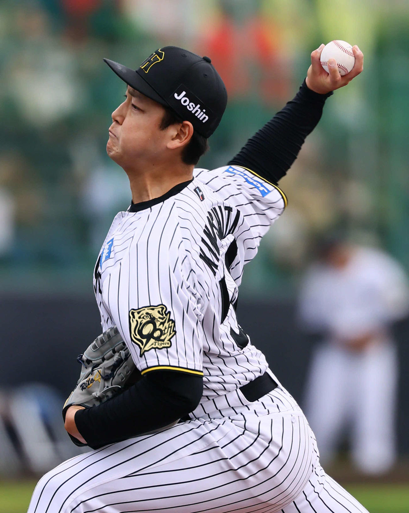 練習試合阪神対DeNA 5回、5番手で登板した阪神木下（撮影・藤尾明華）