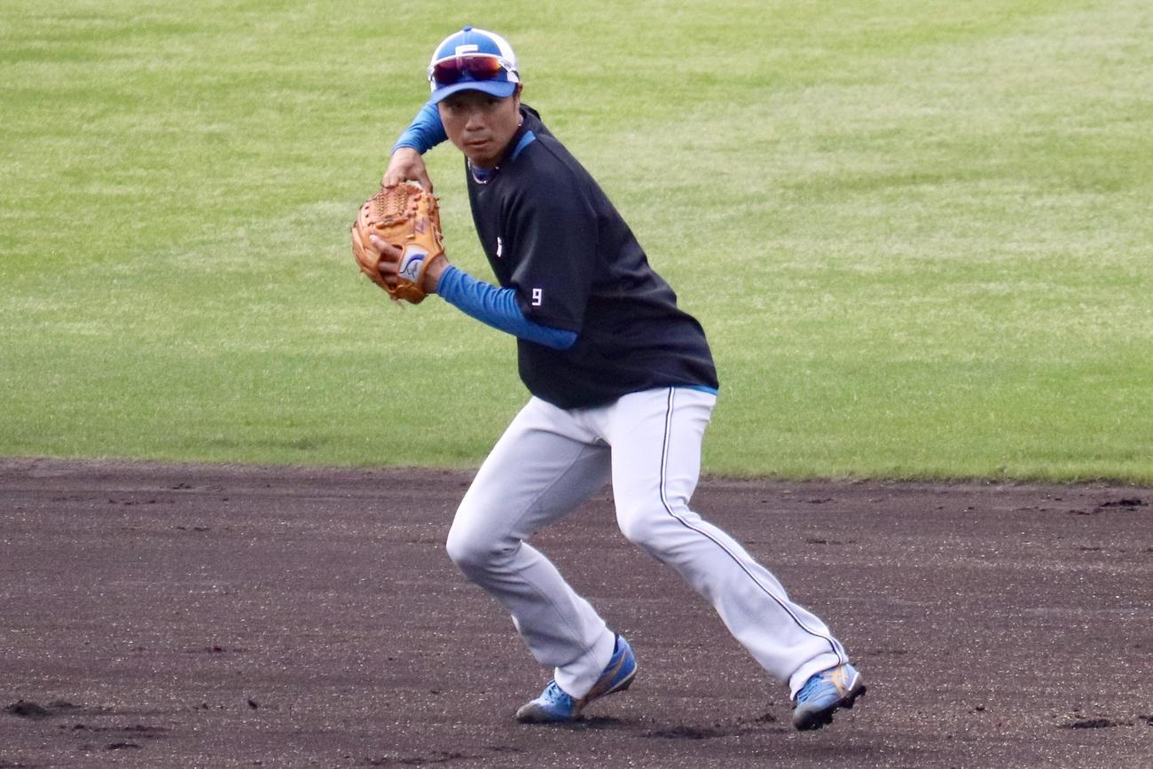 打球を処理する日本ハム中島（撮影・黒須亮）
