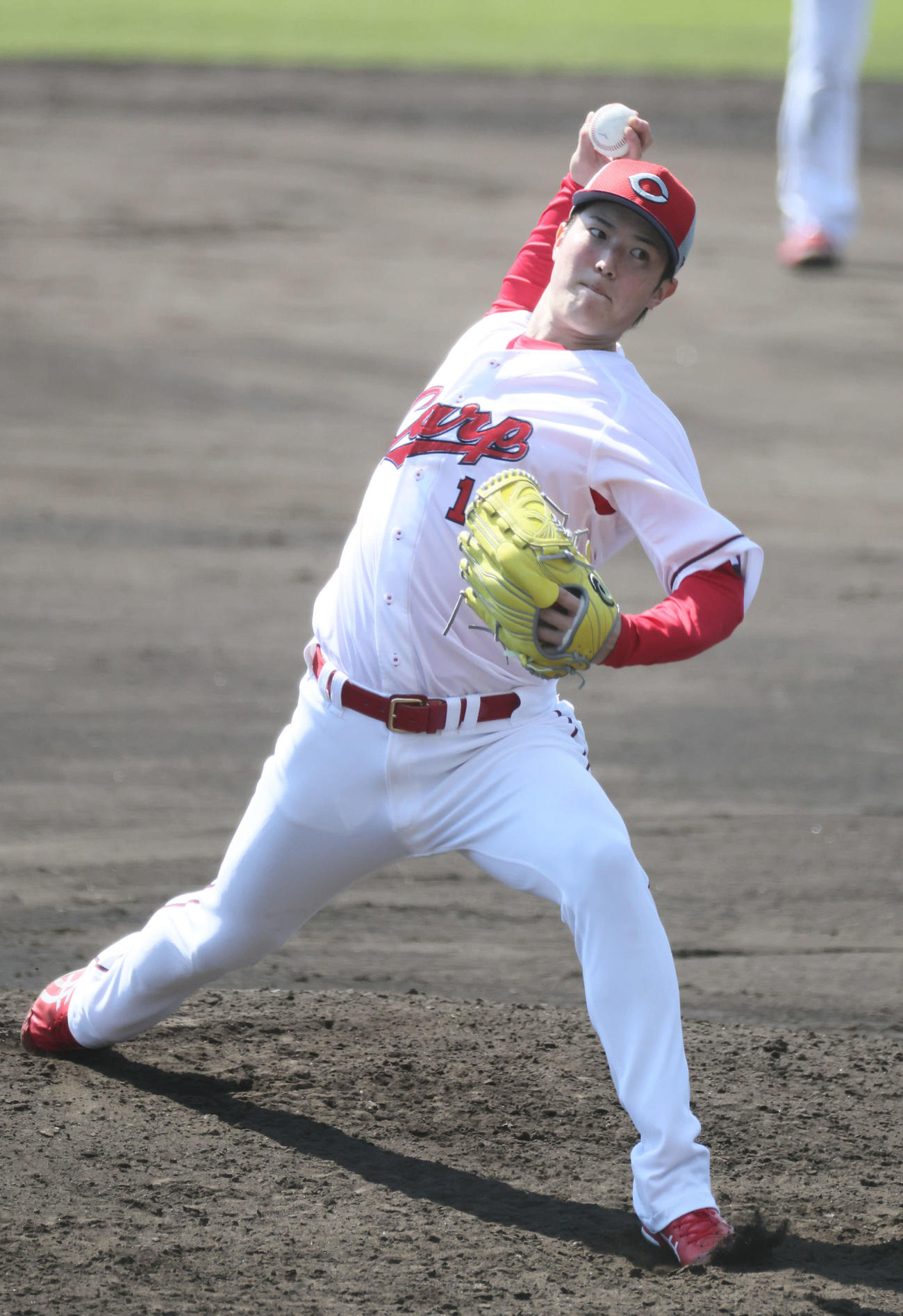 シート打撃で投げる広島森下（撮影・加藤孝規）