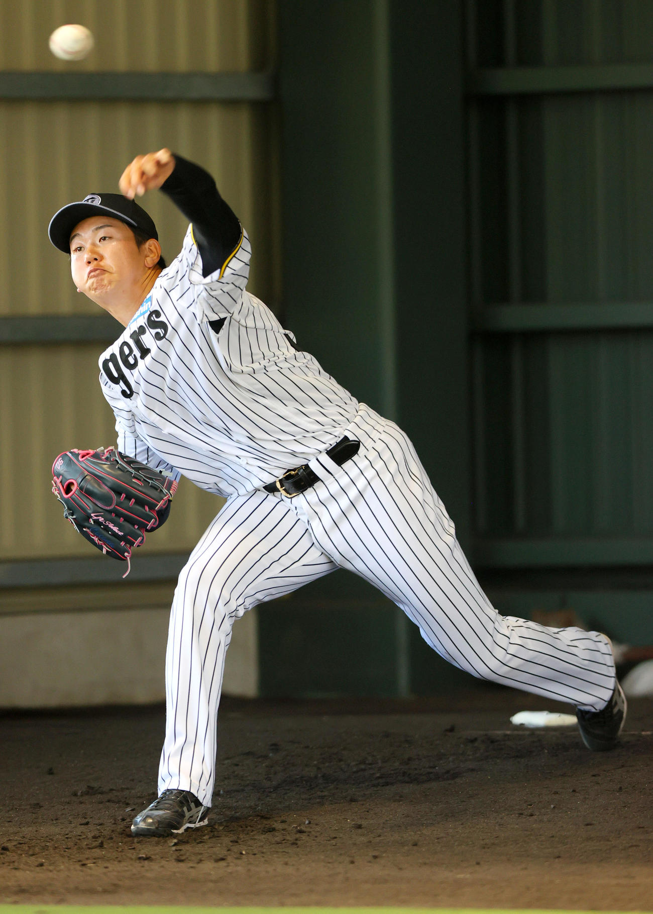 ブルペンで投球する阪神門別（撮影・上山淳一）
