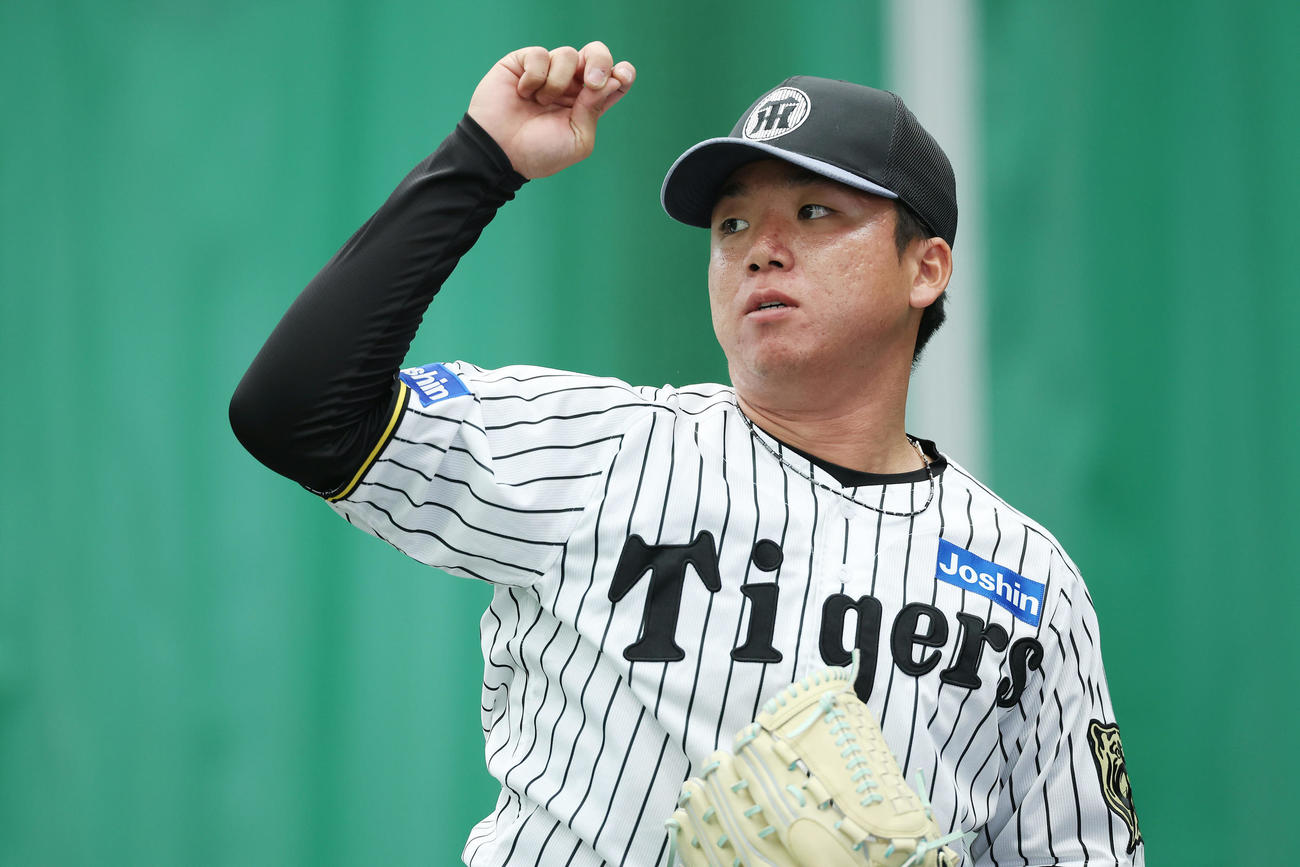 ブルペンで投球練習する阪神村上（撮影・前田充）
