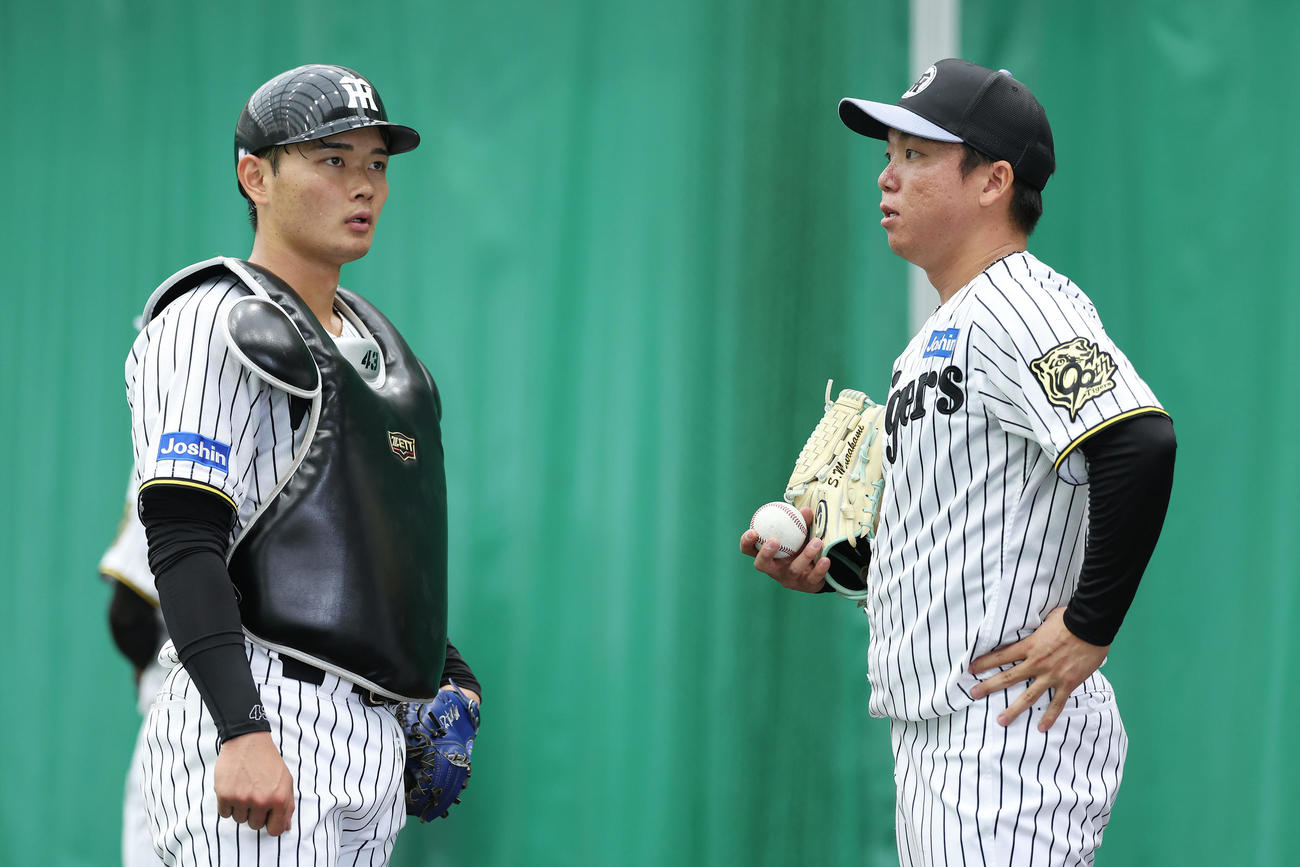 ブルペンでの投球練習を終え、言葉を交わす阪神町田（左）と村上（撮影・前田充）