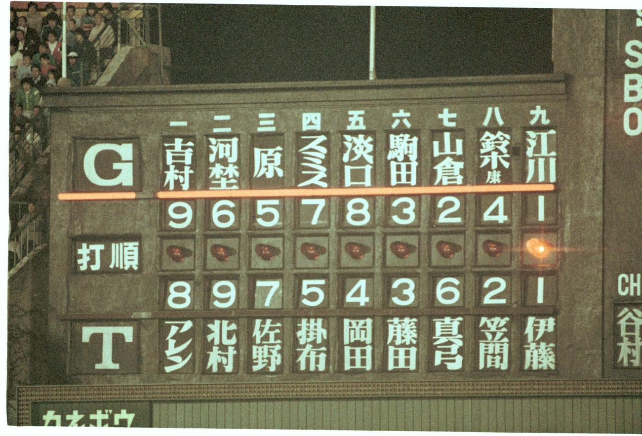電光掲示板になる前の甲子園球場の手書きのスタメンボード（1983年4月17日撮影）