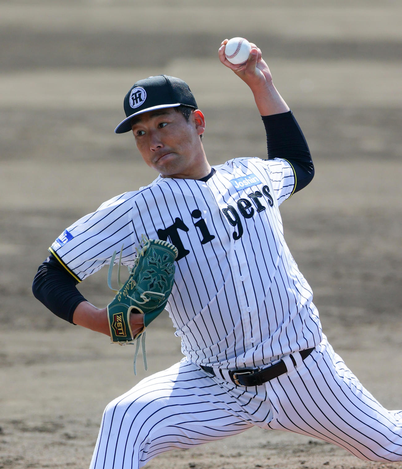 ライブBPに登板する阪神岩崎（撮影・上山淳一）