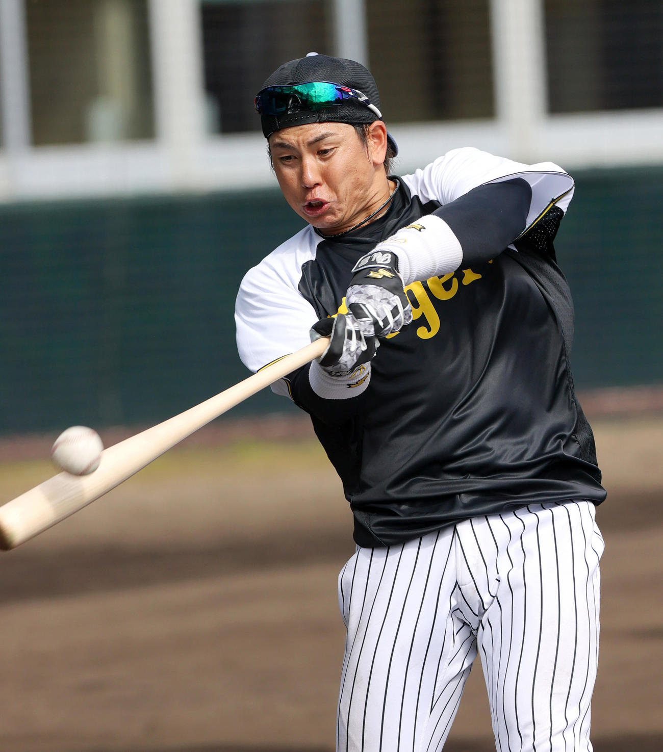 ロング打撃する阪神梅野（撮影・上山淳一）