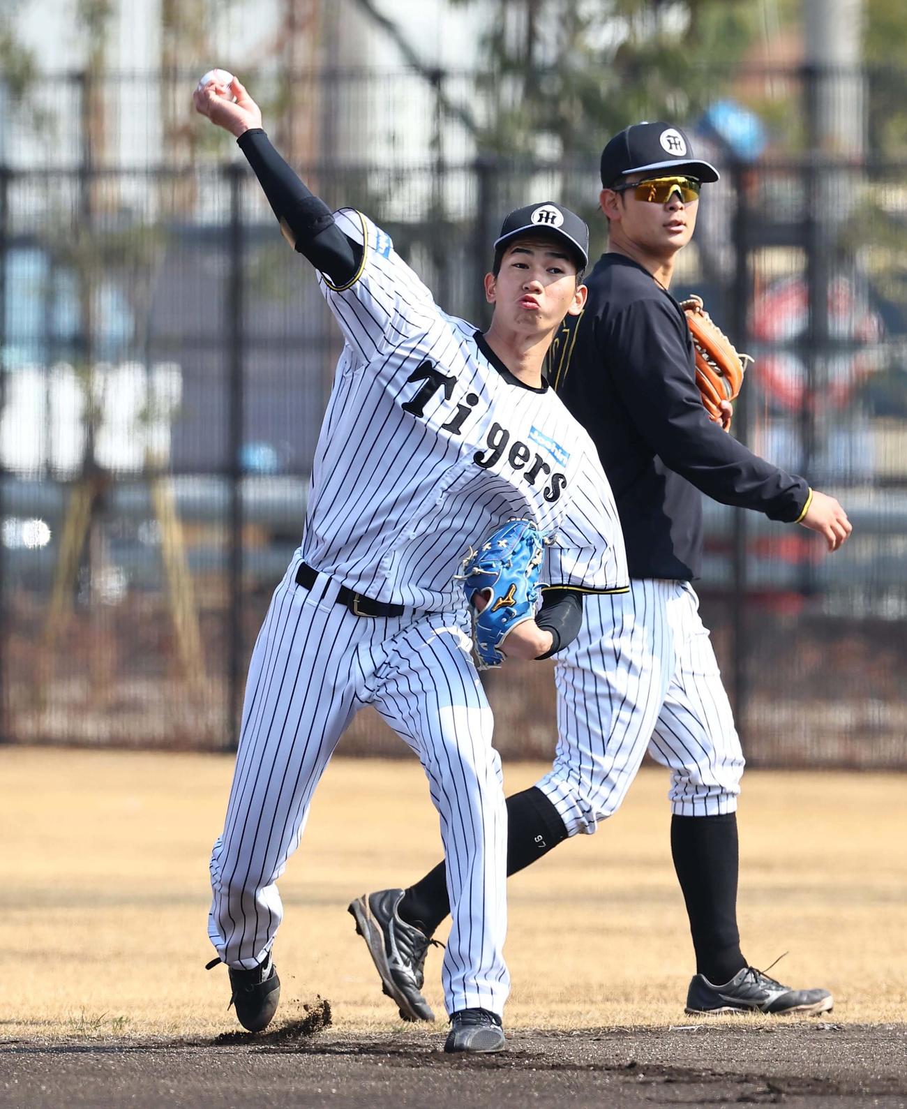 キャッチボールをする今朝丸（撮影・上田博志）