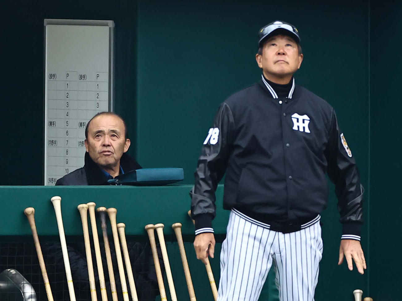 小野寺の打球を目で追う岡田オーナー付顧問（左）と平田2軍監督（撮影・上田博志）