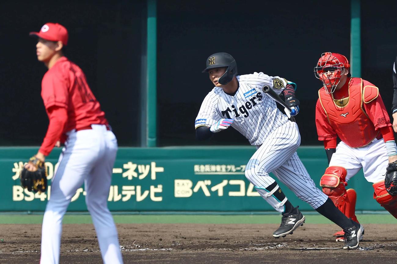 阪神対広島　2回裏阪神無死、井上は右前打を放つ（撮影・上田博志）