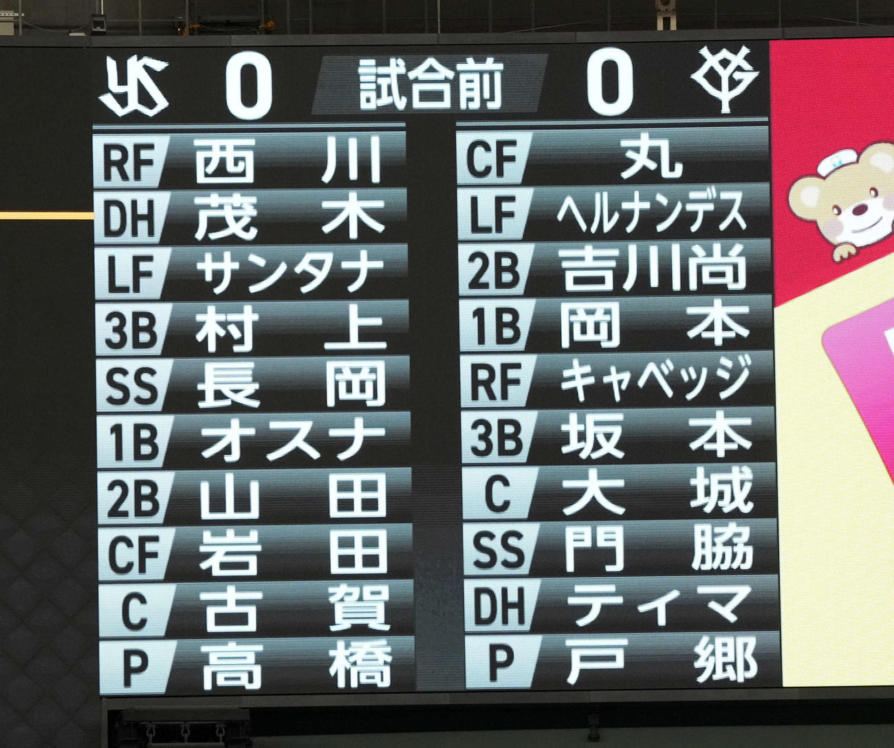巨人対ヤクルト　両チームの先発メンバー（撮影・たえ見朱実）