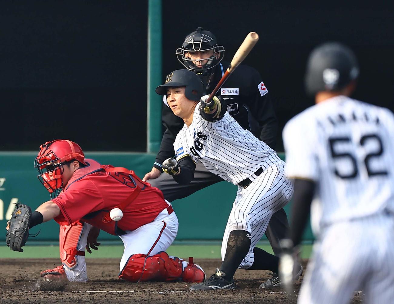 阪神対広島　7回裏阪神無死一、二塁、井坪は内野安打を放つ（撮影・上田博志）