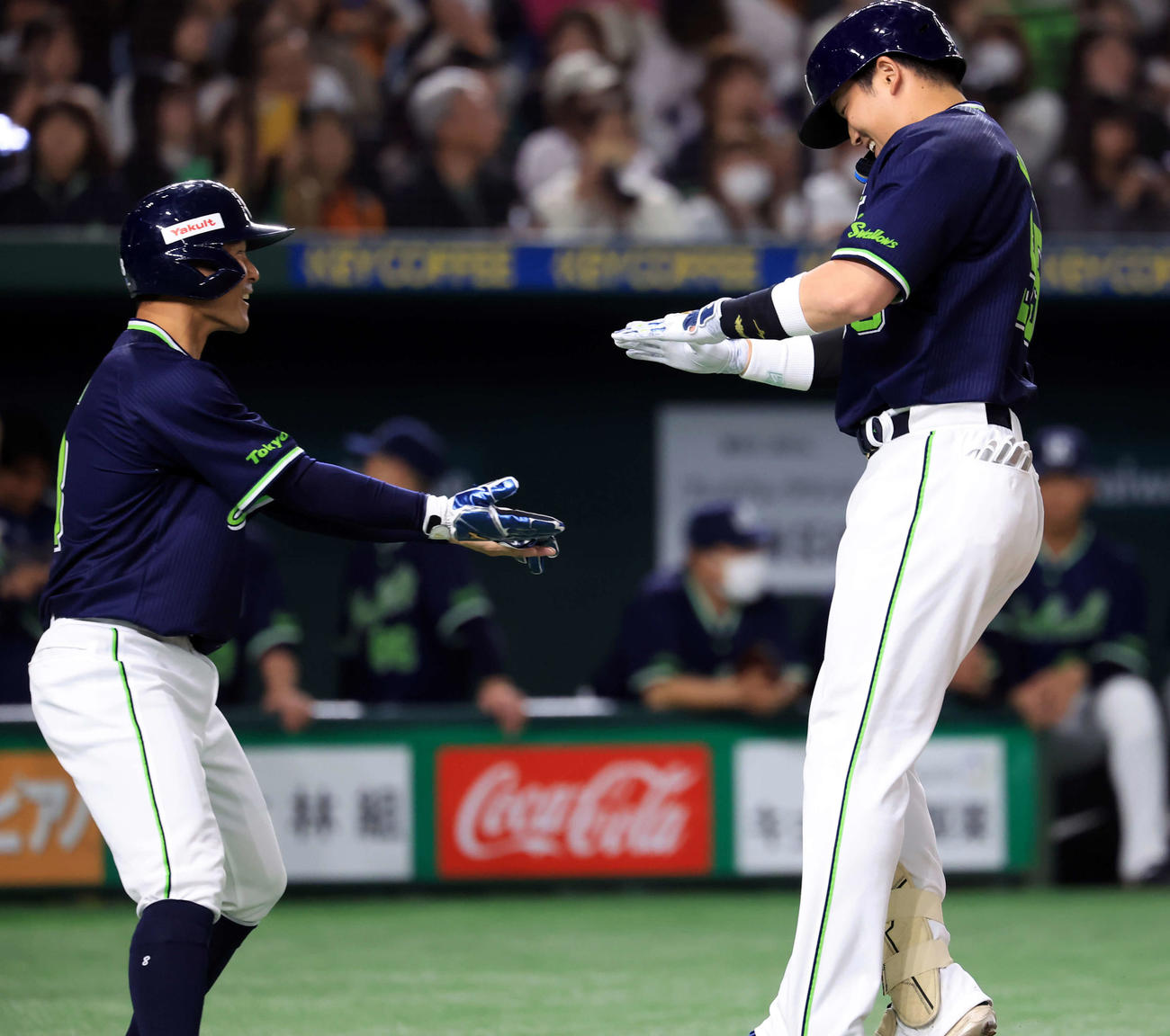 巨人対ヤクルト　4回表ヤクルト1死一塁、村上（右）は2点本塁打を放ち茂木とジャンプでハイタッチ（撮影・浅見桂子）