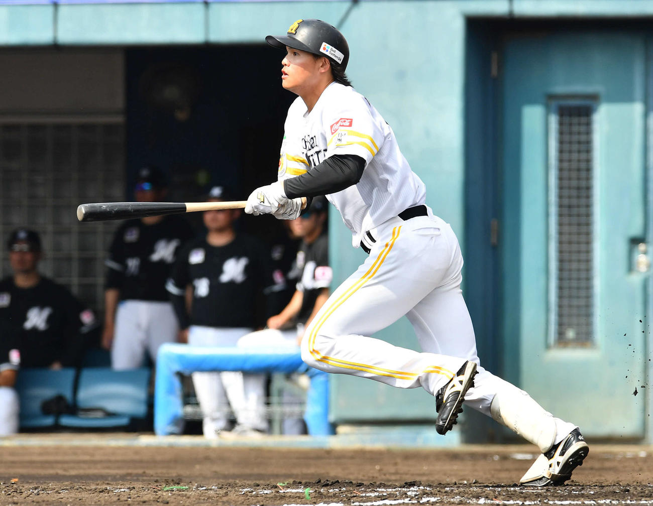 ソフトバンク対ロッテ　2回裏ソフトバンク2死二塁、笹川は中前適時打を放つ（撮影・岩下翔太）