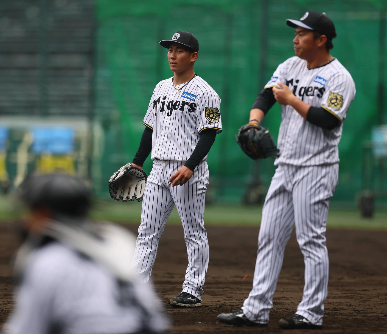 投内連係を見つめる阪神伊原（左）と桐敷（撮影・藤尾明華）