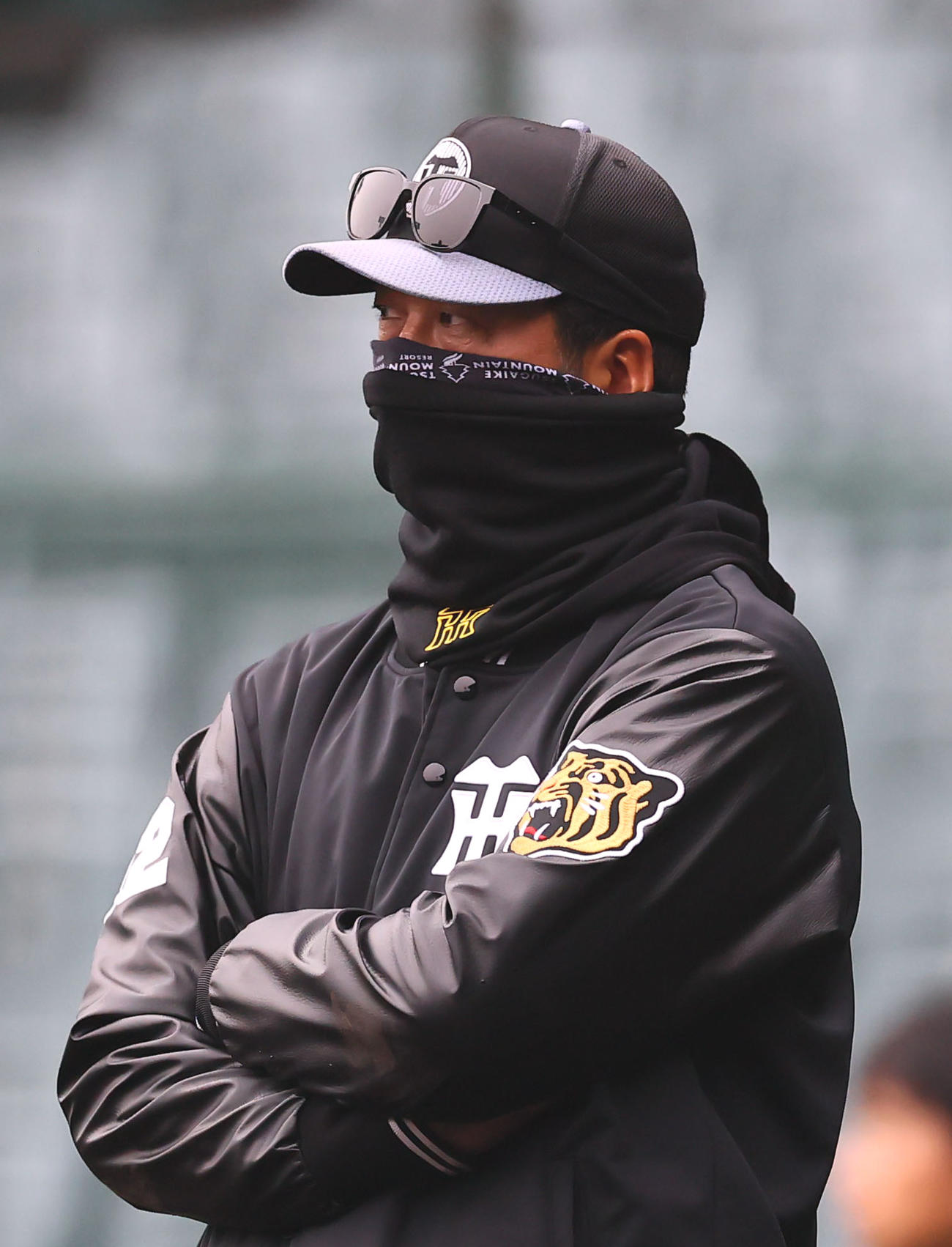 マウンドで投球練習をするネルソンを見つめる藤川監督（撮影・藤尾明華）