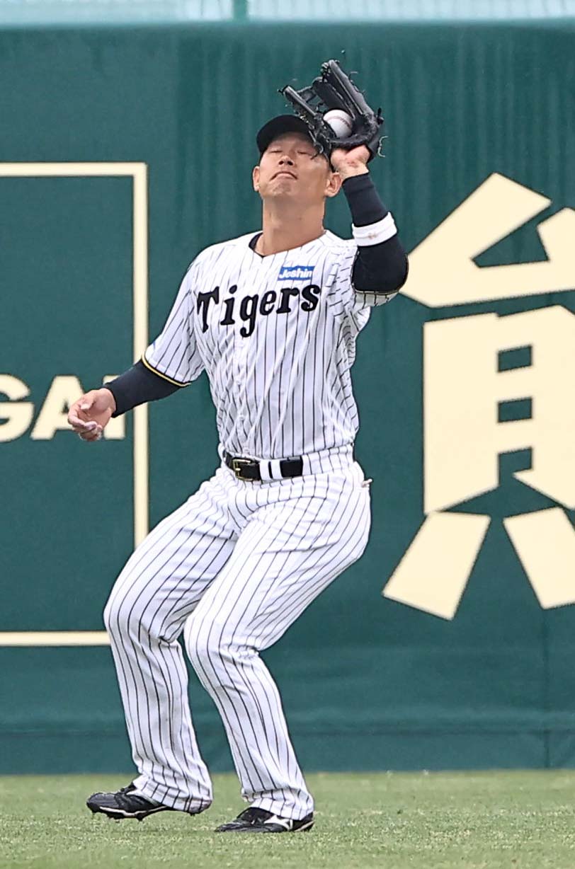 阪神対広島　4回表広島1死、原口は松山の左飛を処理する（撮影・上田博志）