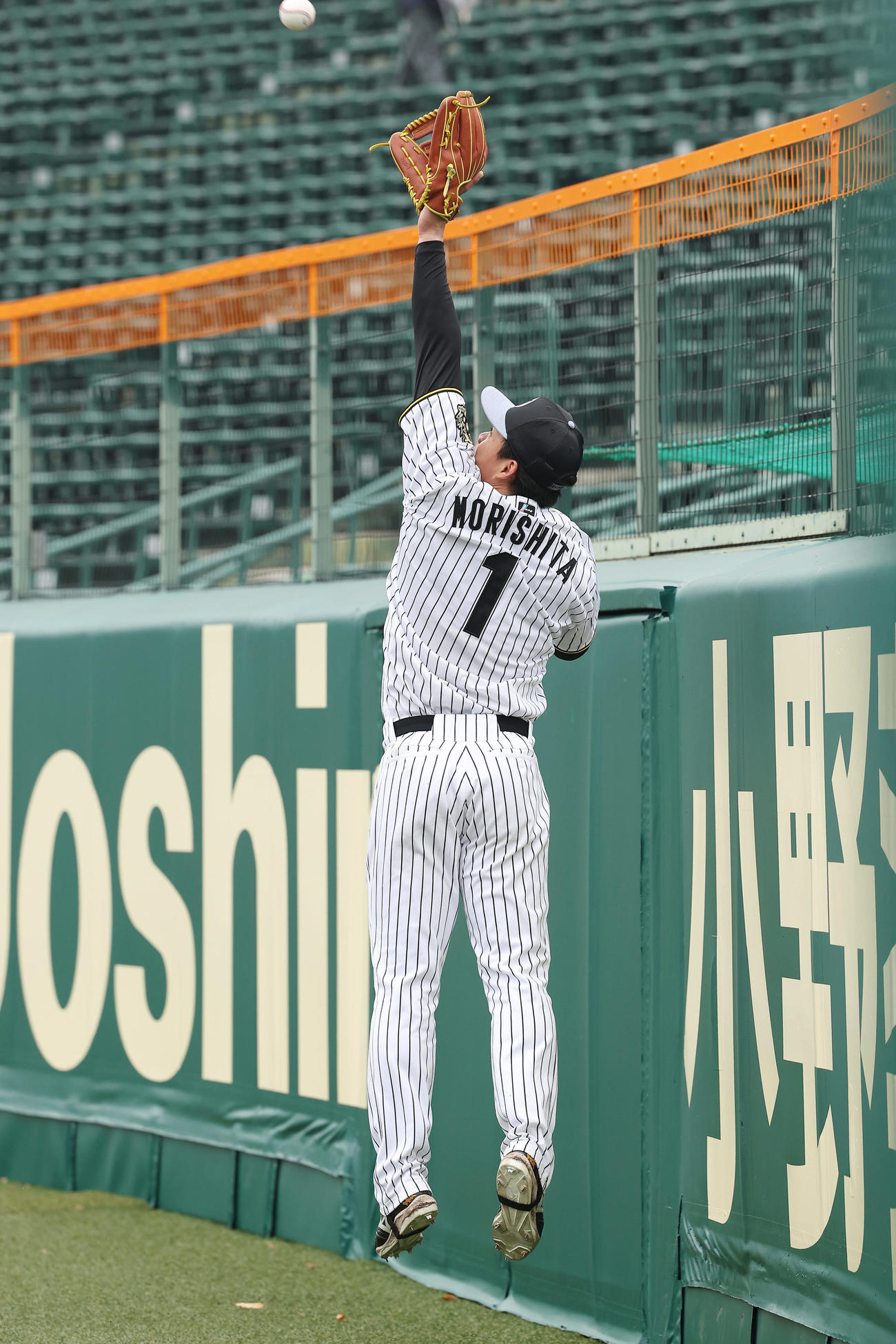甲子園球場のフェンス際で守備練習を行う阪神森下（撮影・前田充）