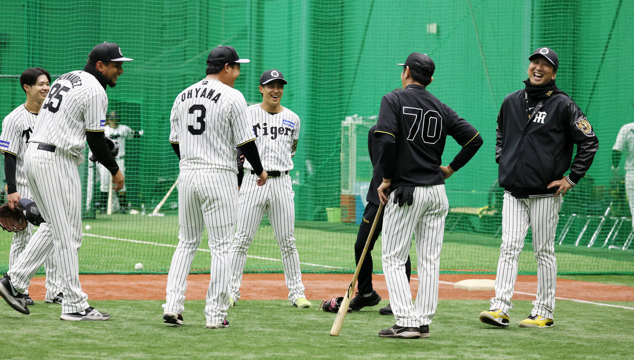 ノックを終えた内野陣と笑顔で話す藤川監督。左から中野、ヘルナンデス、大山、植田（撮影・加藤哉）