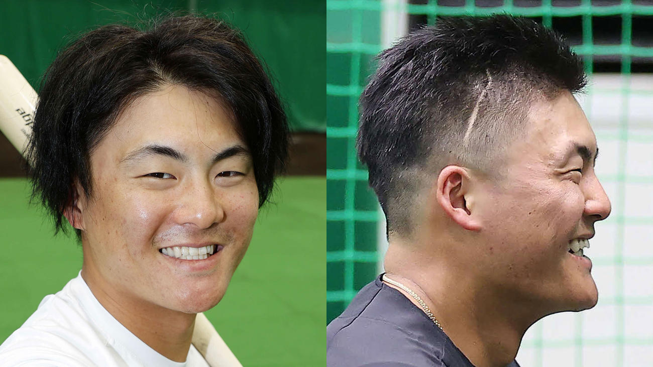 阪神前川右京の散髪前（左）散髪後のベリーショート姿