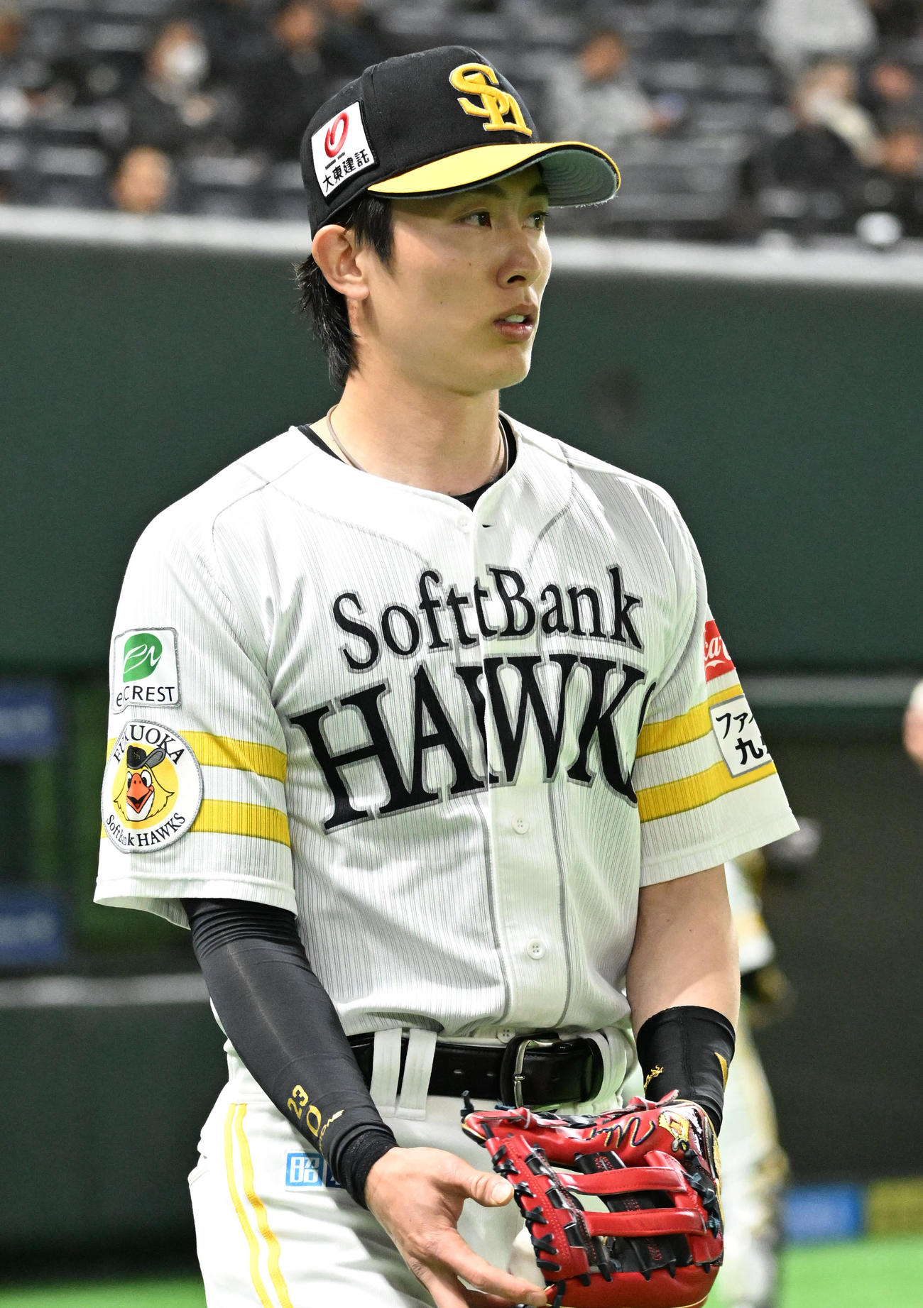 ソフトバンク対ヤクルト　試合前ウォームアップする周東（撮影・林敢治）