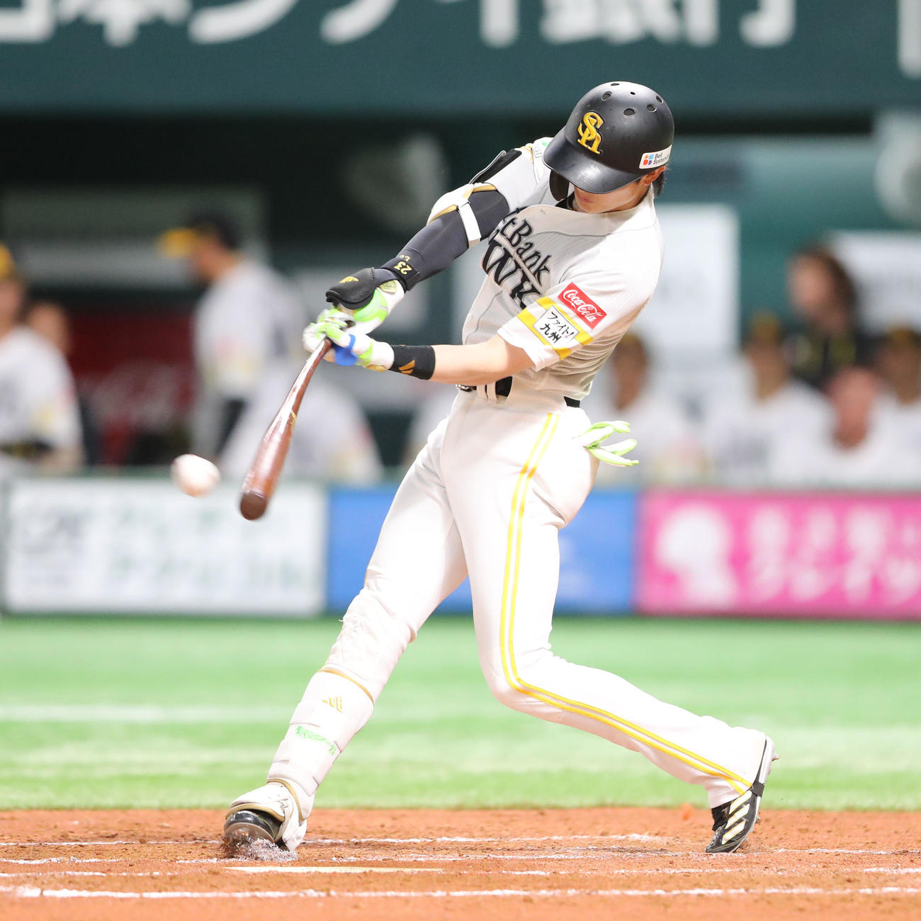 ソフトバンク対ヤクルト　3回裏ソフトバンク2死一塁、周東は右前安打を放つ（撮影・梅根麻紀）