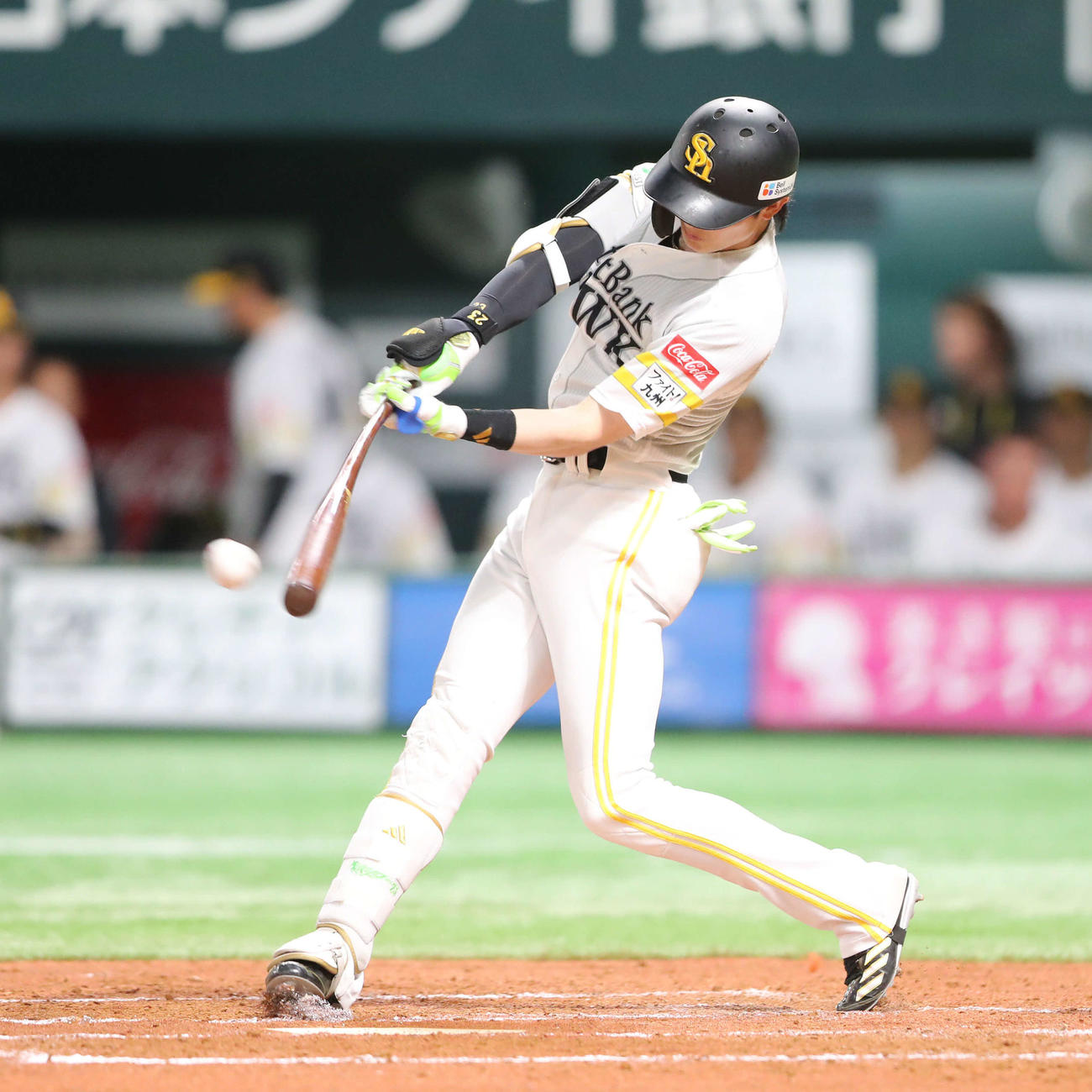 ソフトバンク対ヤクルト　3回裏ソフトバンク2死一塁、周東は右前打を放つ（撮影・梅根麻紀）