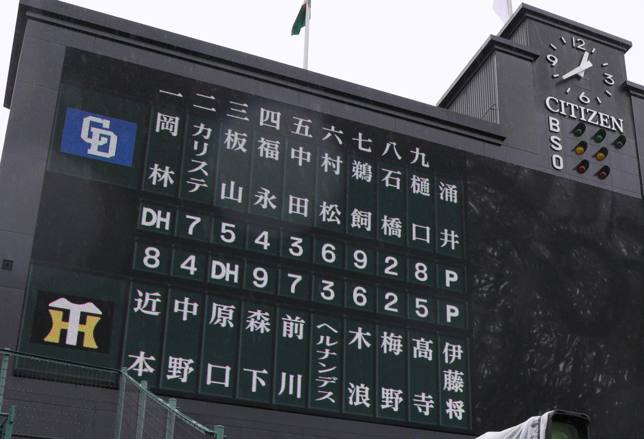 オープン戦・阪神対中日　甲子園フォントでスタメン表示されるスコアボード（撮影・上山淳一）