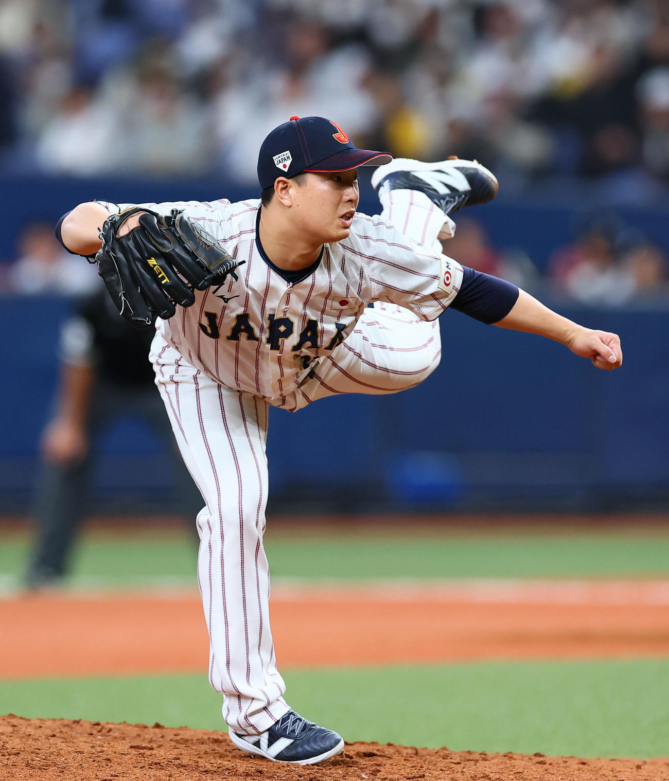 日本対オランダ　4回、2番手で登板した日本塹江（撮影・藤尾明華）