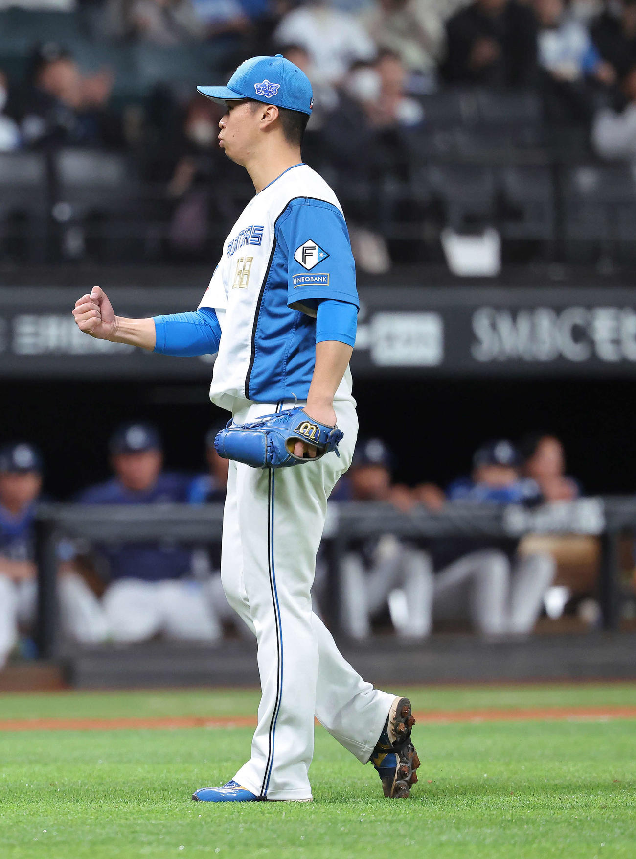 日本ハム対西武　9回表、最終打者を抑えガッツポーズする松岡（撮影・河田真司）