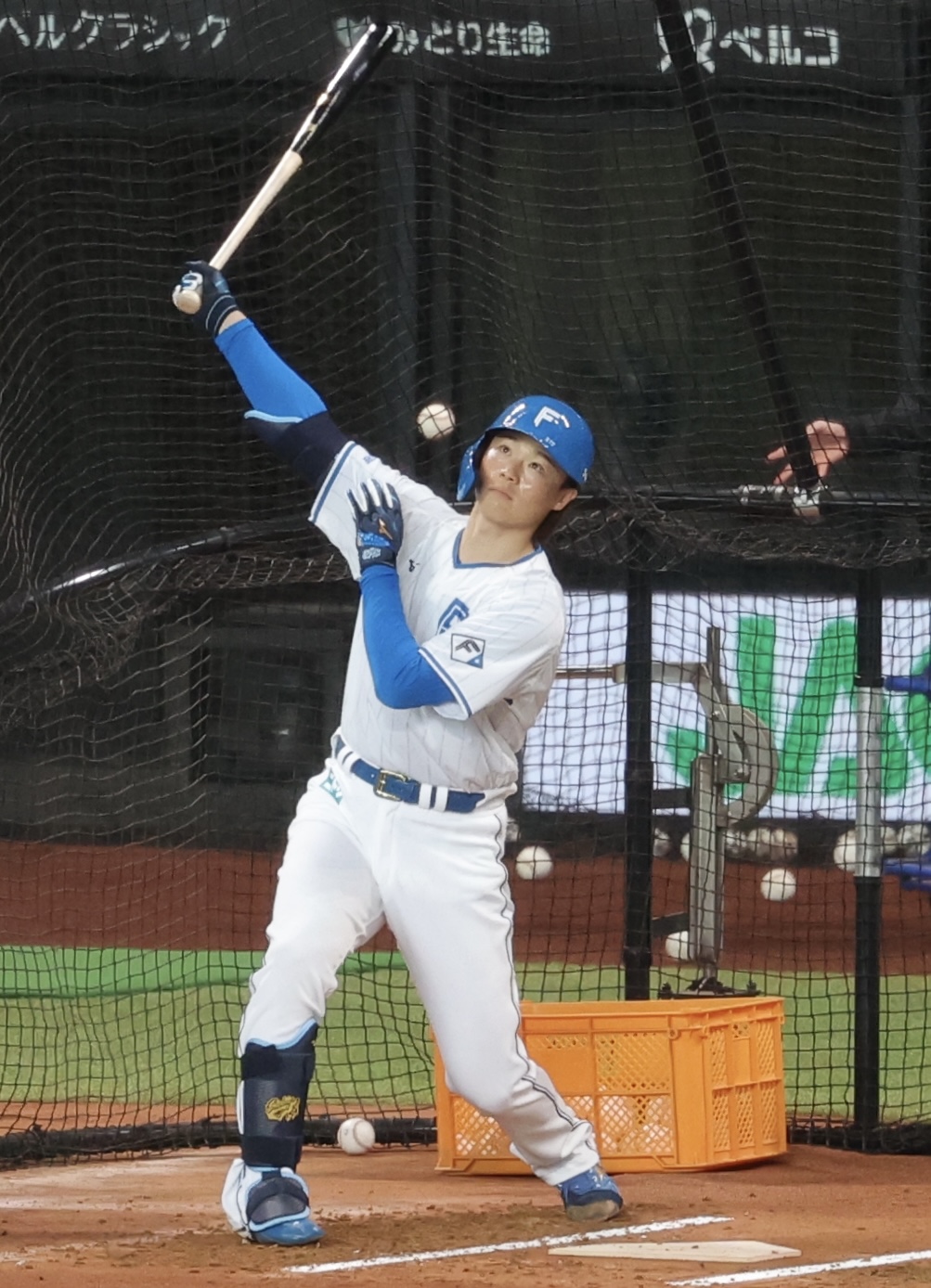 日本ハム対西武　試合前、打撃練習する日本ハム山崎（撮影・河田真司）